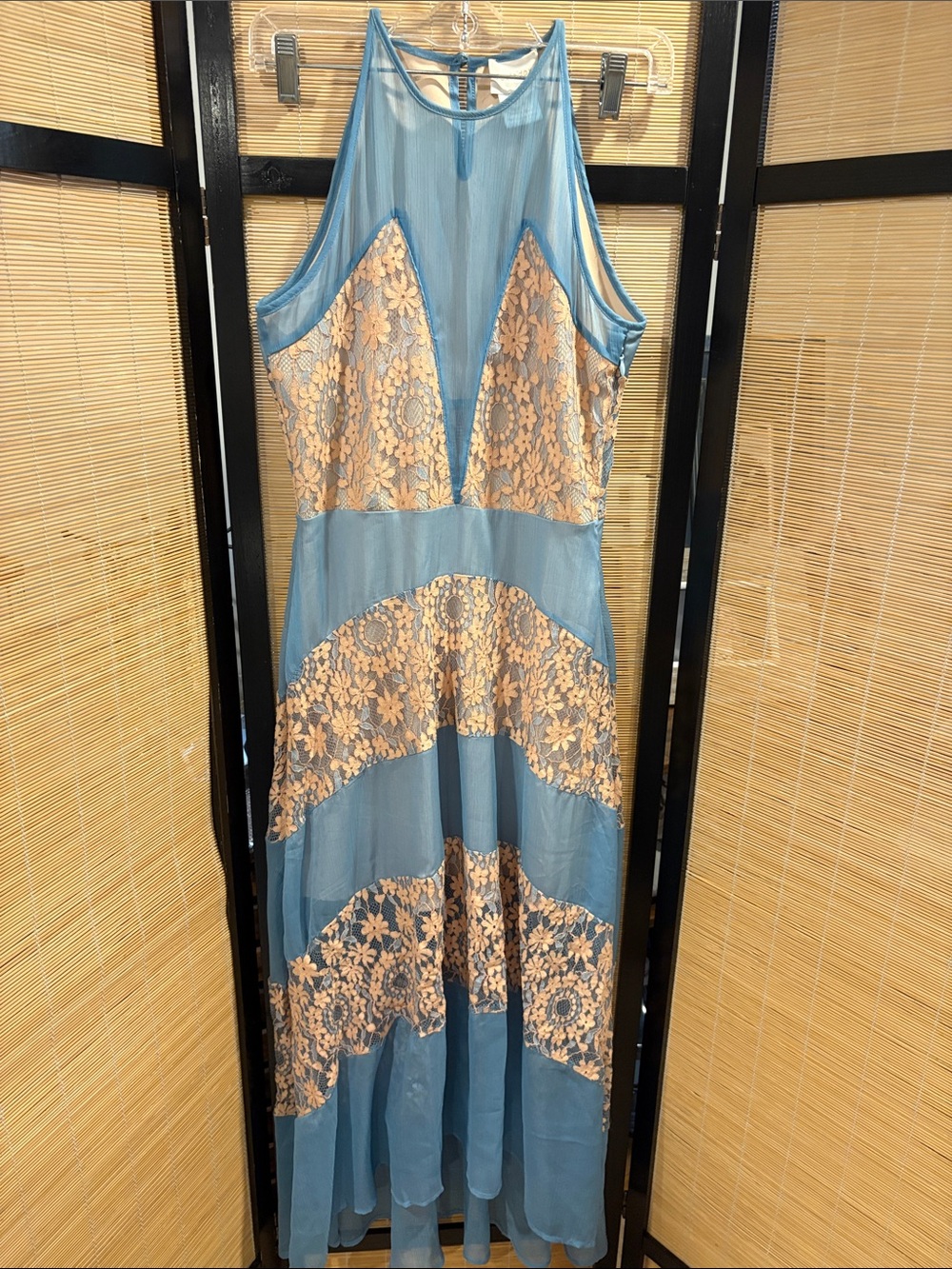 foxiedox Blue Maxi Dress with Cream Lace Panels